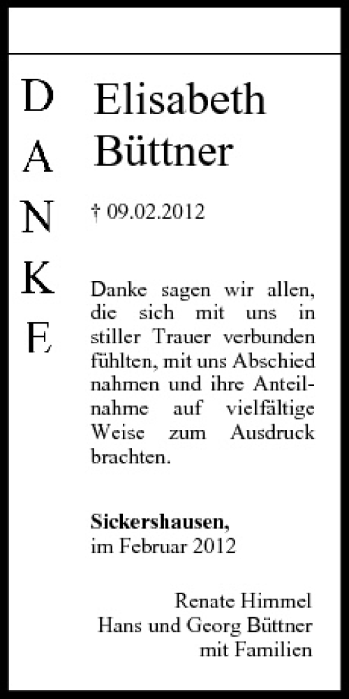  Traueranzeige für Elisabeth Büttner vom 25.02.2012 aus MGO