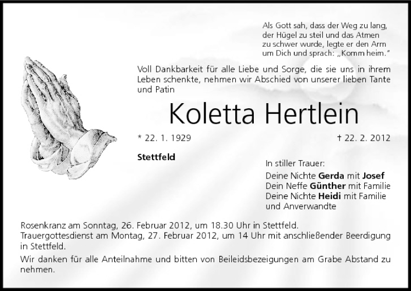  Traueranzeige für Koletta Hertlein vom 25.02.2012 aus MGO