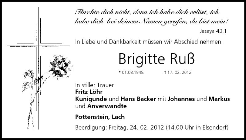  Traueranzeige für Brigitte Ruß vom 24.02.2012 aus MGO