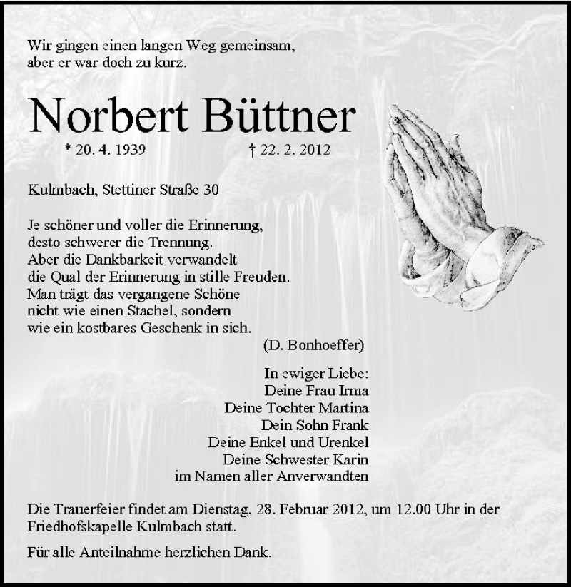  Traueranzeige für Norbert Büttner vom 25.02.2012 aus MGO
