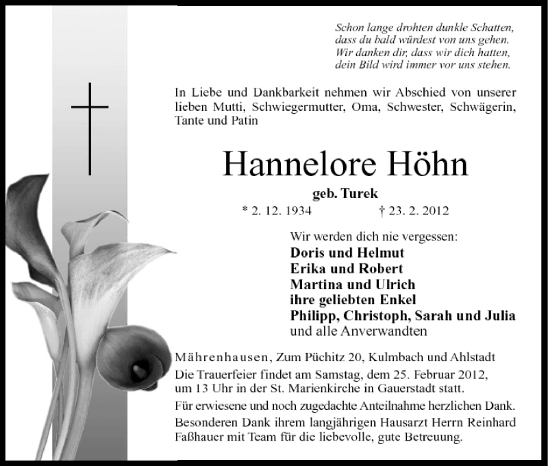  Traueranzeige für Hannelore Höhn vom 24.02.2012 aus MGO