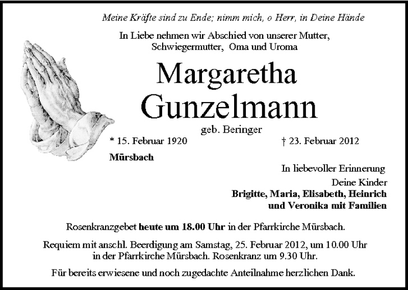  Traueranzeige für Margaretha Gunzelmann vom 24.02.2012 aus MGO