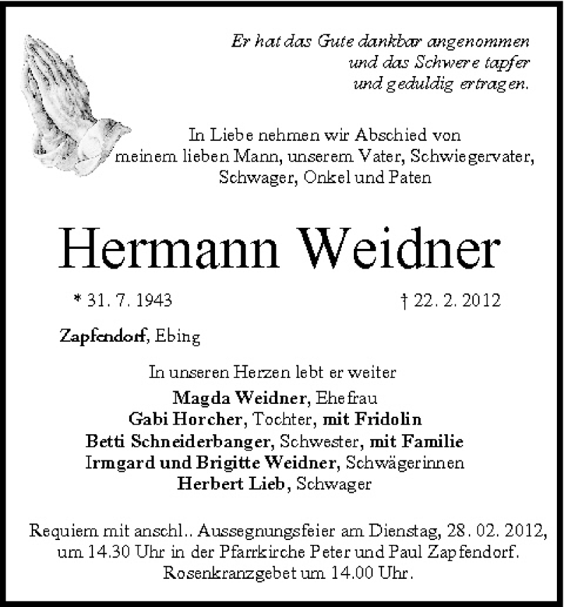  Traueranzeige für Hermann Weidner vom 25.02.2012 aus MGO