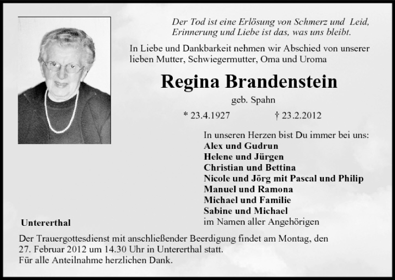  Traueranzeige für Regina Brandenstein vom 25.02.2012 aus MGO