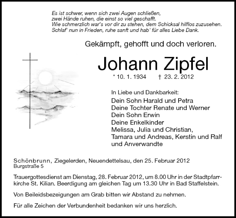  Traueranzeige für Johann Zipfel vom 25.02.2012 aus MGO