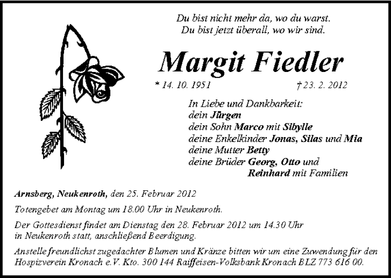  Traueranzeige für Margit Fiedler vom 25.02.2012 aus MGO