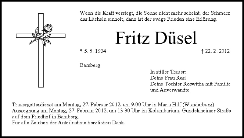  Traueranzeige für Fritz Düsel vom 25.02.2012 aus MGO