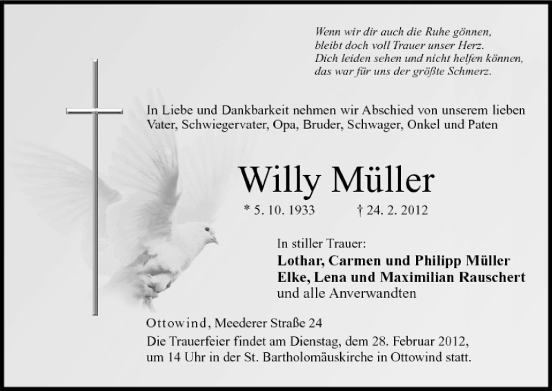  Traueranzeige für Willy Müller vom 25.02.2012 aus MGO