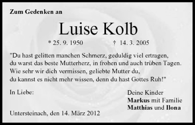  Traueranzeige für Luise Kolb vom 14.03.2012 aus MGO