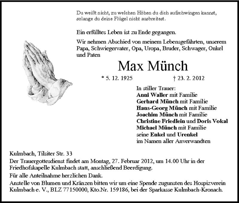  Traueranzeige für Max Münch vom 25.02.2012 aus MGO