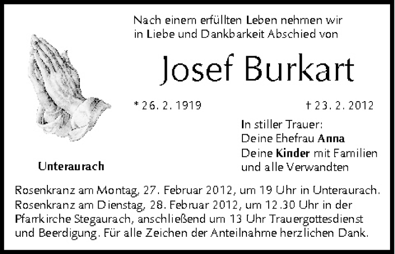  Traueranzeige für Josef Burkart vom 25.02.2012 aus MGO