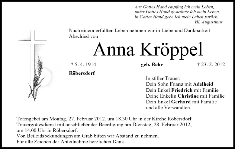  Traueranzeige für Anna Kröppel vom 25.02.2012 aus MGO