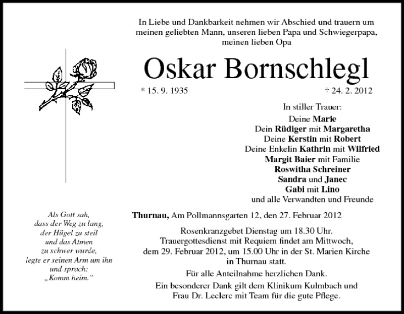  Traueranzeige für Oskar Bornschlegl vom 27.02.2012 aus MGO