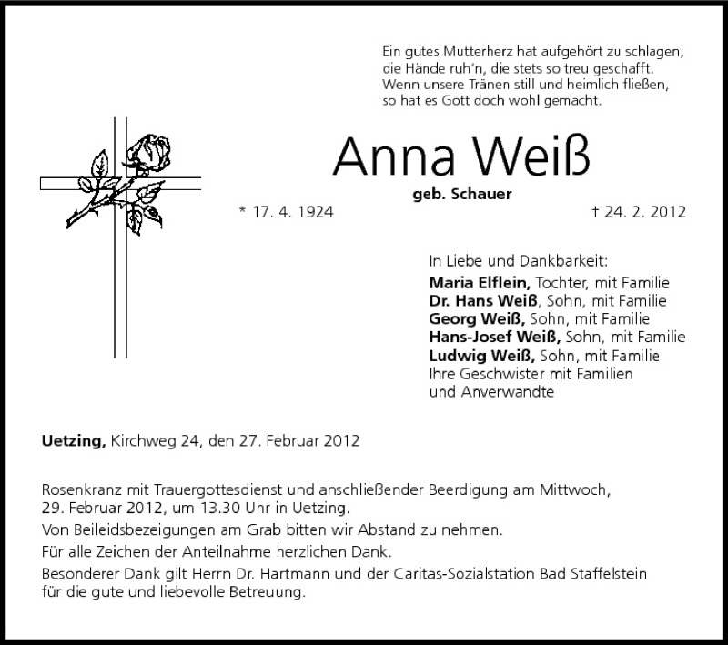  Traueranzeige für Anna Weiß vom 27.02.2012 aus MGO