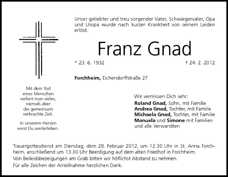  Traueranzeige für Franz Gnad vom 27.02.2012 aus MGO