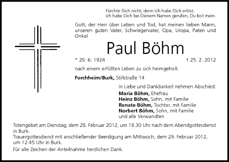  Traueranzeige für Paul Böhm vom 27.02.2012 aus MGO