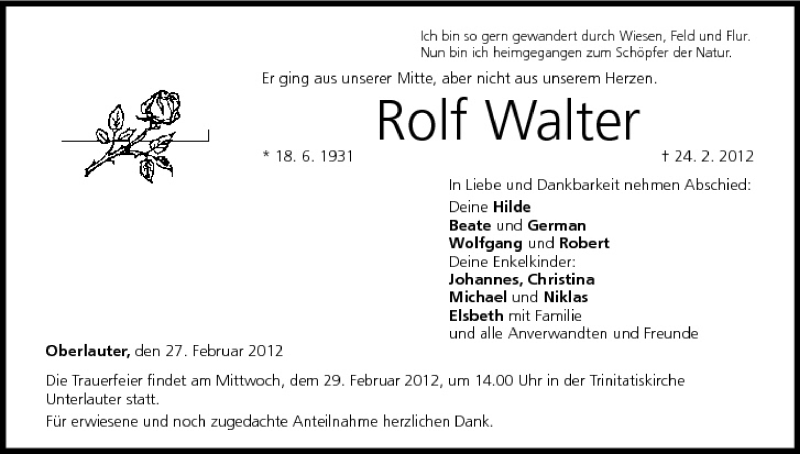  Traueranzeige für Rolf Walter vom 27.02.2012 aus MGO