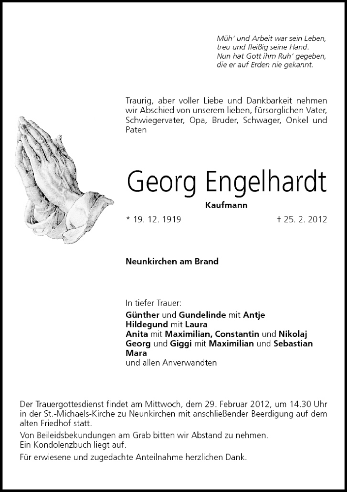  Traueranzeige für Georg Engelhardt vom 28.02.2012 aus MGO