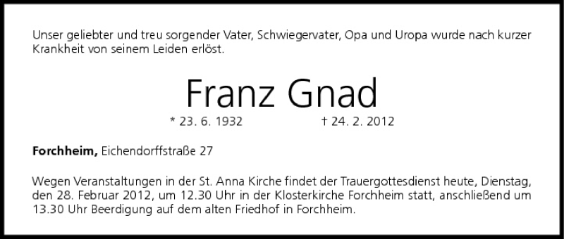  Traueranzeige für Franz Gnad vom 28.02.2012 aus MGO