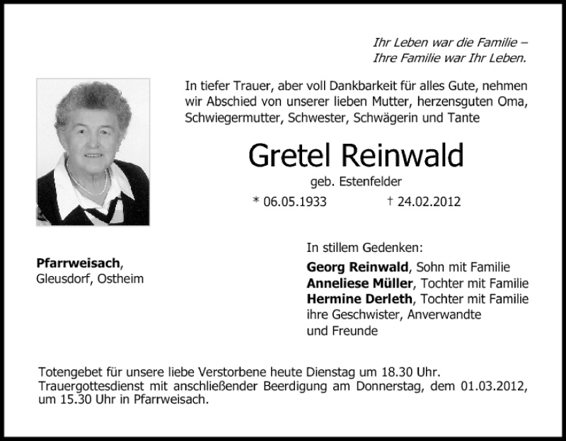  Traueranzeige für Gretel Reinwald vom 28.02.2012 aus MGO
