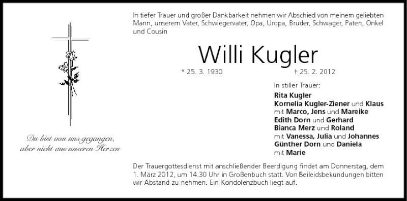  Traueranzeige für Willi Kugler vom 28.02.2012 aus MGO