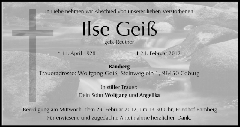  Traueranzeige für Ilse Geiß vom 27.02.2012 aus MGO