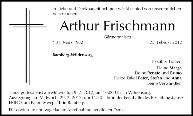  Traueranzeige für Arthur Frischmann vom 27.02.2012 aus MGO