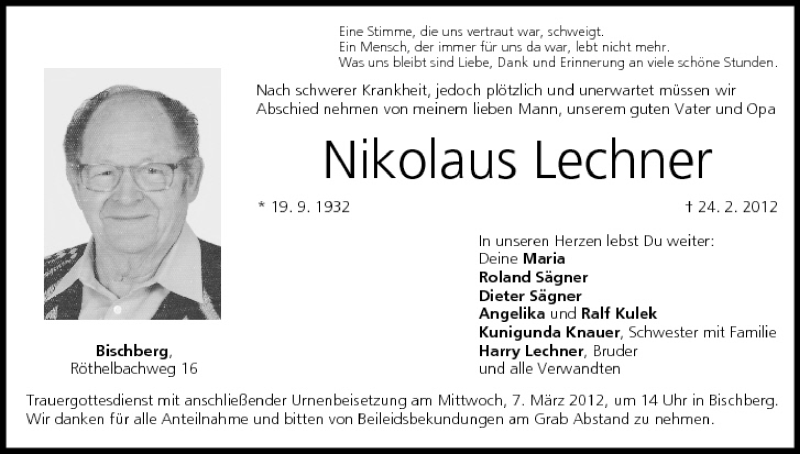  Traueranzeige für Nikolaus Lechner vom 03.03.2012 aus MGO