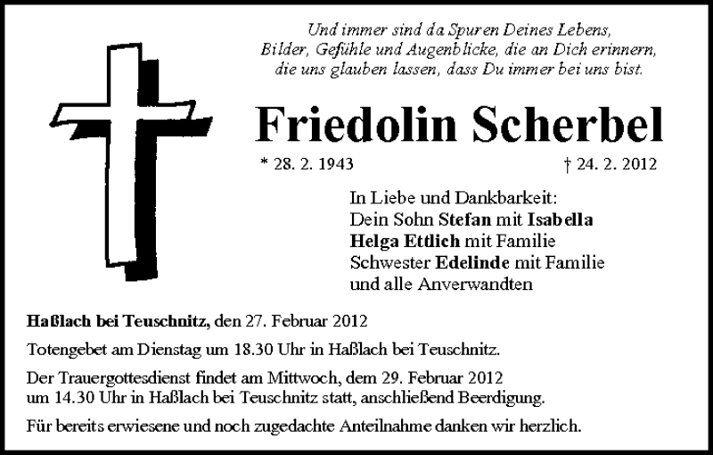  Traueranzeige für Friedolin Scherbel vom 27.02.2012 aus MGO