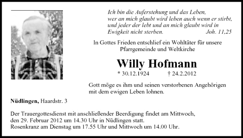  Traueranzeige für Willy Hofmann vom 28.02.2012 aus MGO