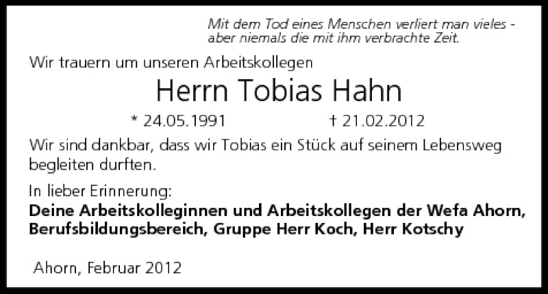  Traueranzeige für Tobias Hahn vom 28.02.2012 aus MGO
