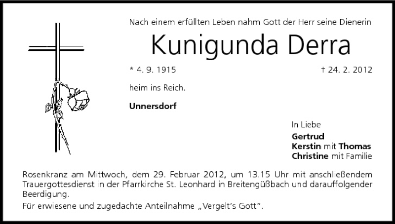  Traueranzeige für Kunigunda Derra vom 28.02.2012 aus MGO