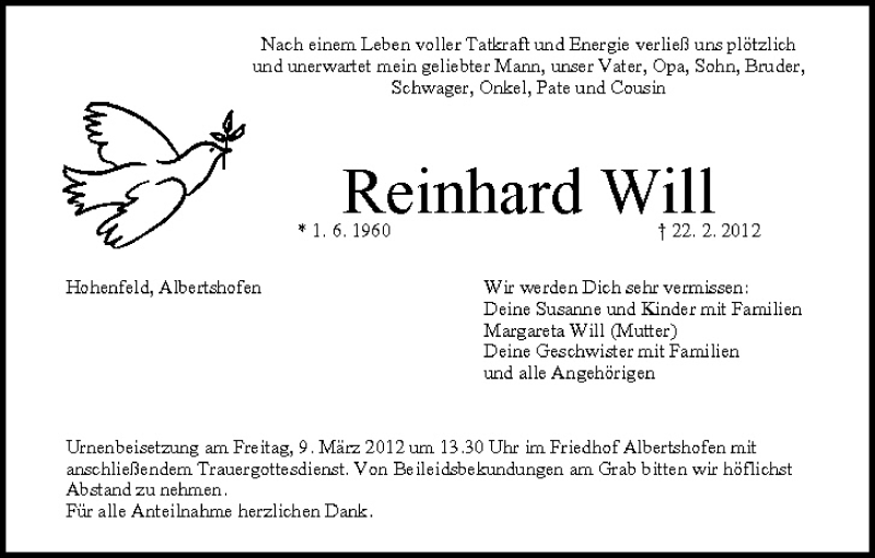  Traueranzeige für Reinhard Will vom 28.02.2012 aus MGO