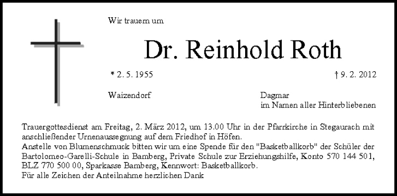  Traueranzeige für Reinhold Roth vom 28.02.2012 aus MGO