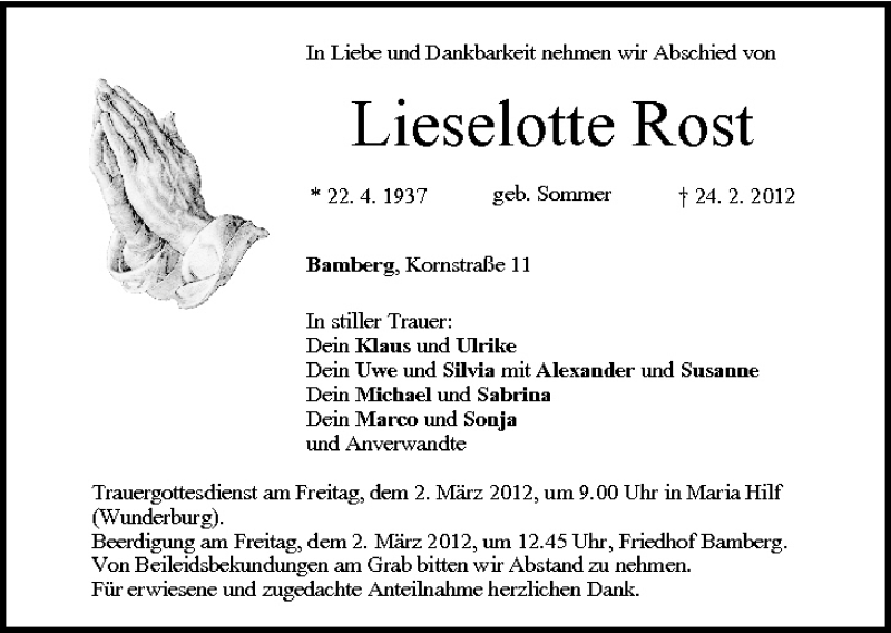  Traueranzeige für Lieselotte Rost vom 01.03.2012 aus MGO