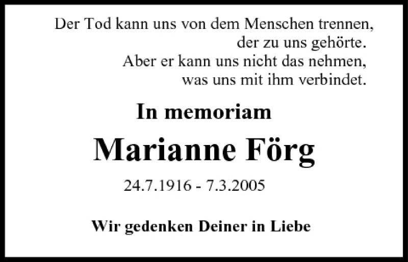  Traueranzeige für Marianne Förg vom 07.03.2012 aus MGO
