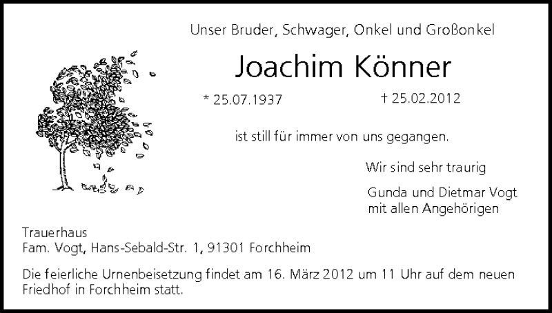  Traueranzeige für Joachim Könner vom 01.03.2012 aus MGO