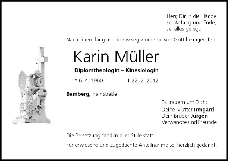  Traueranzeige für Karin Müller vom 05.03.2012 aus MGO