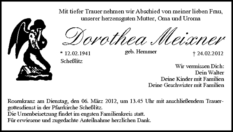  Traueranzeige für Dorothea Meixner vom 03.03.2012 aus MGO