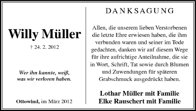  Traueranzeige für Willy Müller vom 03.03.2012 aus MGO