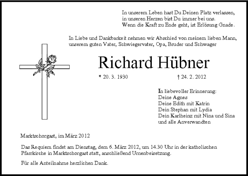  Traueranzeige für Richard Hübner vom 03.03.2012 aus MGO