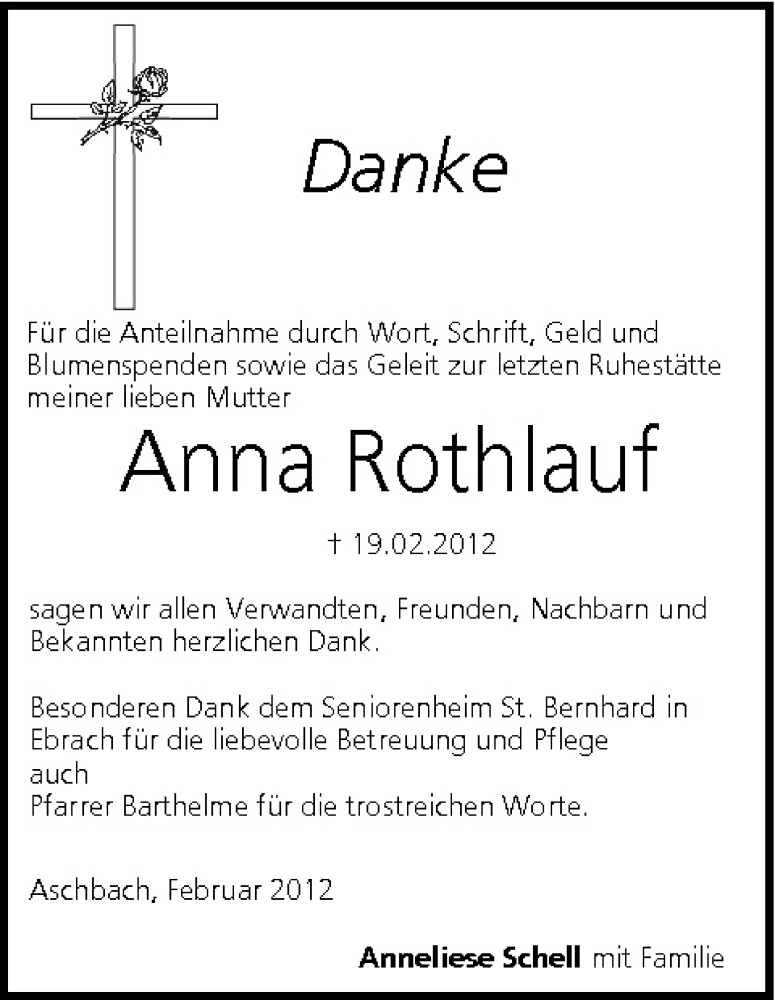  Traueranzeige für Anna Rothlauf vom 03.03.2012 aus MGO