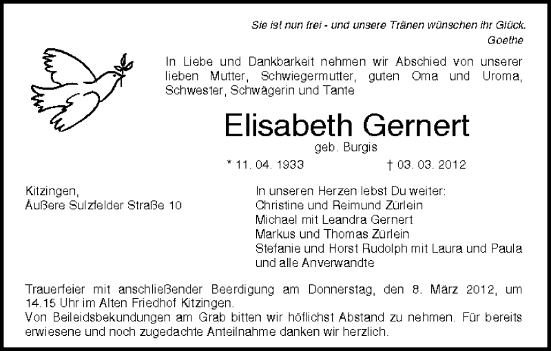  Traueranzeige für Elisabeth Gernert vom 06.03.2012 aus MGO