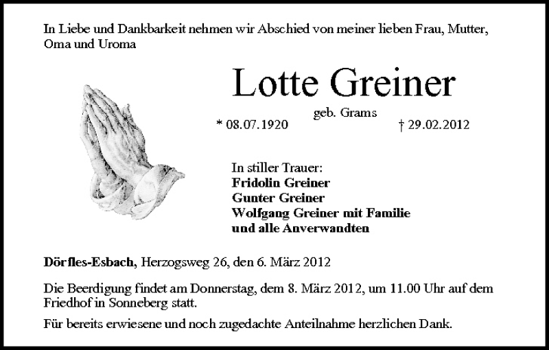  Traueranzeige für Lotte Greiner vom 06.03.2012 aus MGO