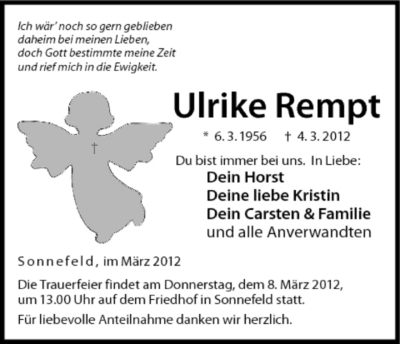  Traueranzeige für Ulrike Rempt vom 06.03.2012 aus MGO
