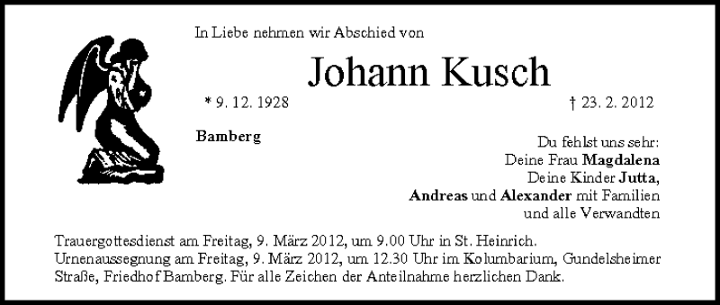  Traueranzeige für Johann Kusch vom 08.03.2012 aus MGO