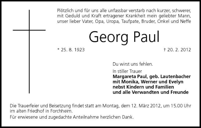  Traueranzeige für Georg Paul vom 10.03.2012 aus MGO