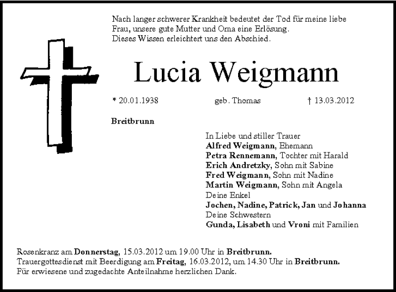  Traueranzeige für Lucia Weigmann vom 15.03.2012 aus MGO