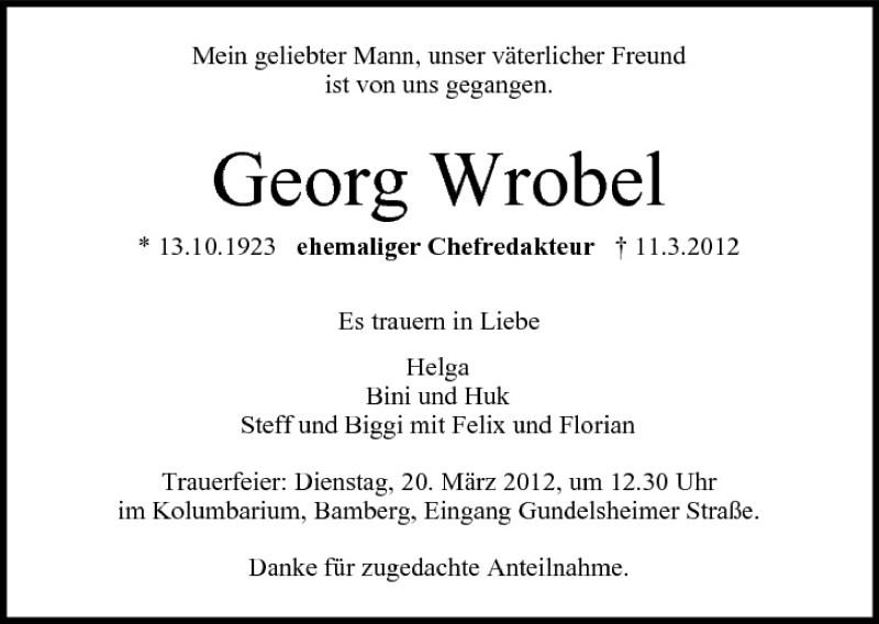 Georg Wrobel | Traueranzeige | trauer.inFranken.de