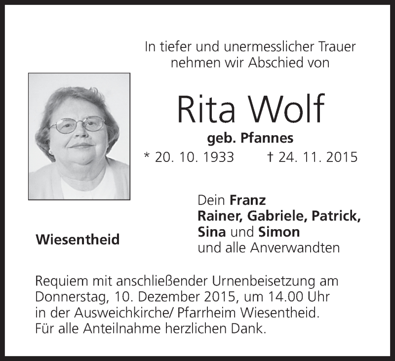  Traueranzeige für Rita Wolf vom 08.12.2015 aus MGO